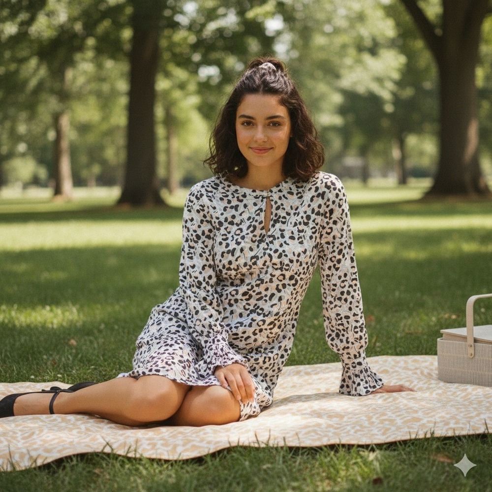 LOFT Women's Leopard Print Long Sleeve Keyhole Neck Shift Dress‎ - Size S
